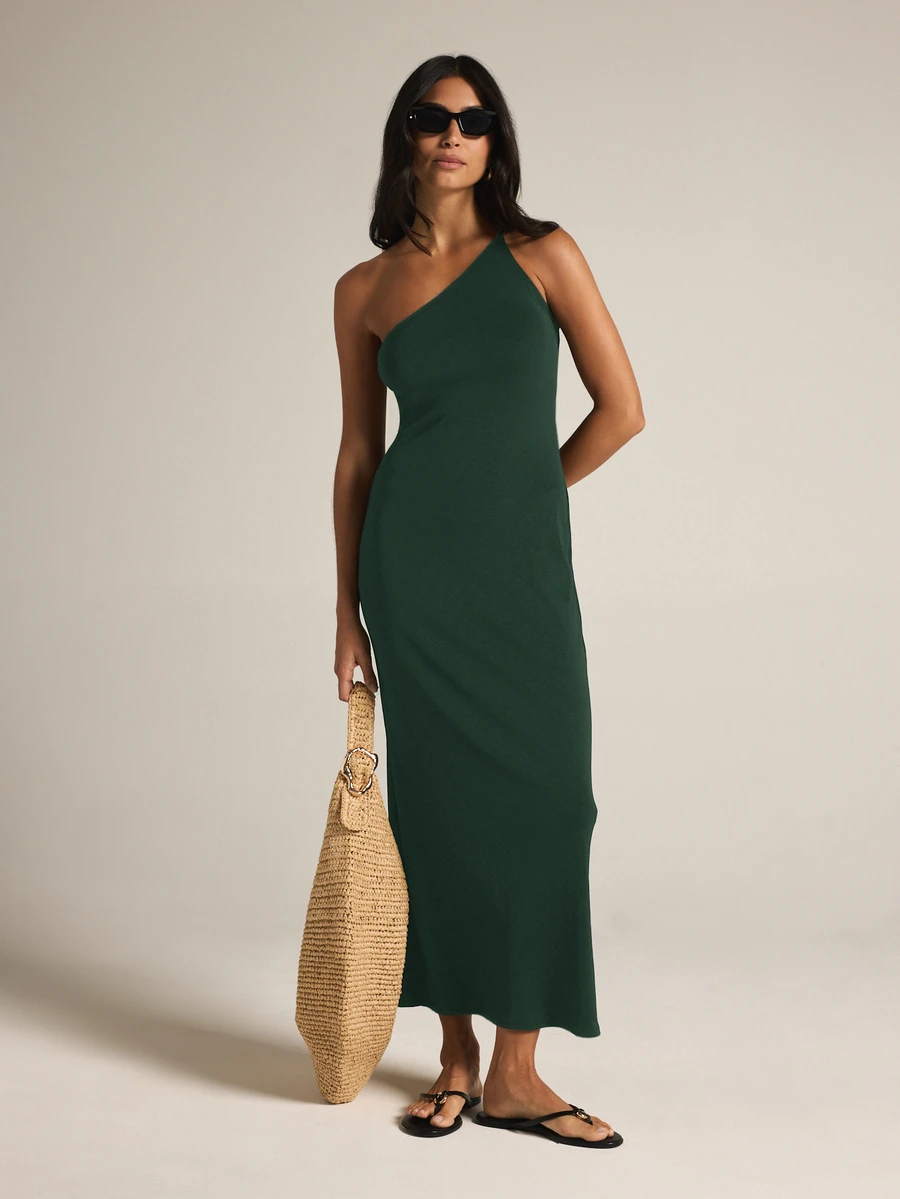 KSTM One Shoulder Asymmetric Midi Dress With Open Back And Strappy Detail - Sleeveless Bodycon Holiday Summer Maxi - Green - View 1