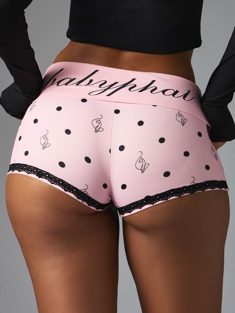 BABYPHAT Logo 字體腰帶熱褲,波點貓咪 AOP 印花,黑色蕾絲飾邊下擺細節 - 粉色 - 查看 1
