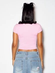 SUMWON WOMEN 247 圖案圓領短袖修身短版 T-shirt 夏季音樂節修身款上衣 - 粉色 - 查看 5