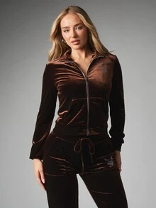 Missguided x Playboy Bunny Rhinestone Velvet Zip-Up Hoodie Jacket With Collared Neck And Logo Back Print Crop Length Long Sleeve Top - Brown - View 4