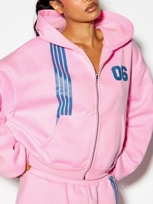 SUMWON WOMEN Oversized Cropped Full-Zip Hoodie With Bold Stripe Detail And Numeric Chest Print Casual Winter Fleece Top - Pink - View 2