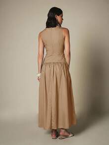 KSTM Sleeveless Ruched Bodice Maxi Dress With Drop Waist Gathered Full Skirt High Neck Elegant Summer Wedding Guest Midi Dress - Brown - View 2
