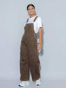 Pimkie Edition Women's Multicolor Denim Overalls, Leopard Print Side Button Design Wide Leg Denim Overalls - Multicolor - View 1