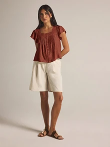 KSTM Square Neck Flutter Sleeve Blouse With Eyelet Trim Pintuck Front Button Down Cropped Top Summer Casual Holiday - Burgundy - View 5