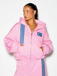 SUMWON WOMEN Oversized Cropped Full-Zip Hoodie With Bold Stripe Detail And Numeric Chest Print Casual Winter Fleece Top - Pink - View 4
