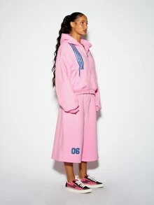 SUMWON WOMEN Oversized Cropped Full-Zip Hoodie With Bold Stripe Detail And Numeric Chest Print Casual Winter Fleece Top - Pink - View 5