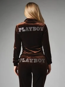 Missguided x Playboy Bunny Rhinestone Velvet Zip-Up Hoodie Jacket With Collared Neck And Logo Back Print Crop Length Long Sleeve Top - Brown - View 2