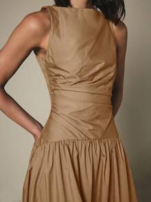 KSTM Sleeveless Ruched Bodice Maxi Dress With Drop Waist Gathered Full Skirt High Neck Elegant Summer Wedding Guest Midi Dress - Brown - View 6