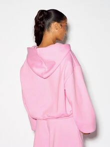SUMWON WOMEN Oversized Cropped Full-Zip Hoodie With Bold Stripe Detail And Numeric Chest Print Casual Winter Fleece Top - Pink - View 6