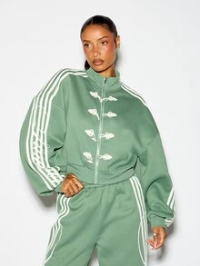 SUMWON WOMEN Oversized Crop Full-Zip Sweatshirt With Chinese Frog Closure Applique And Contrast Stripe Sleeve Detail - Green - View 1