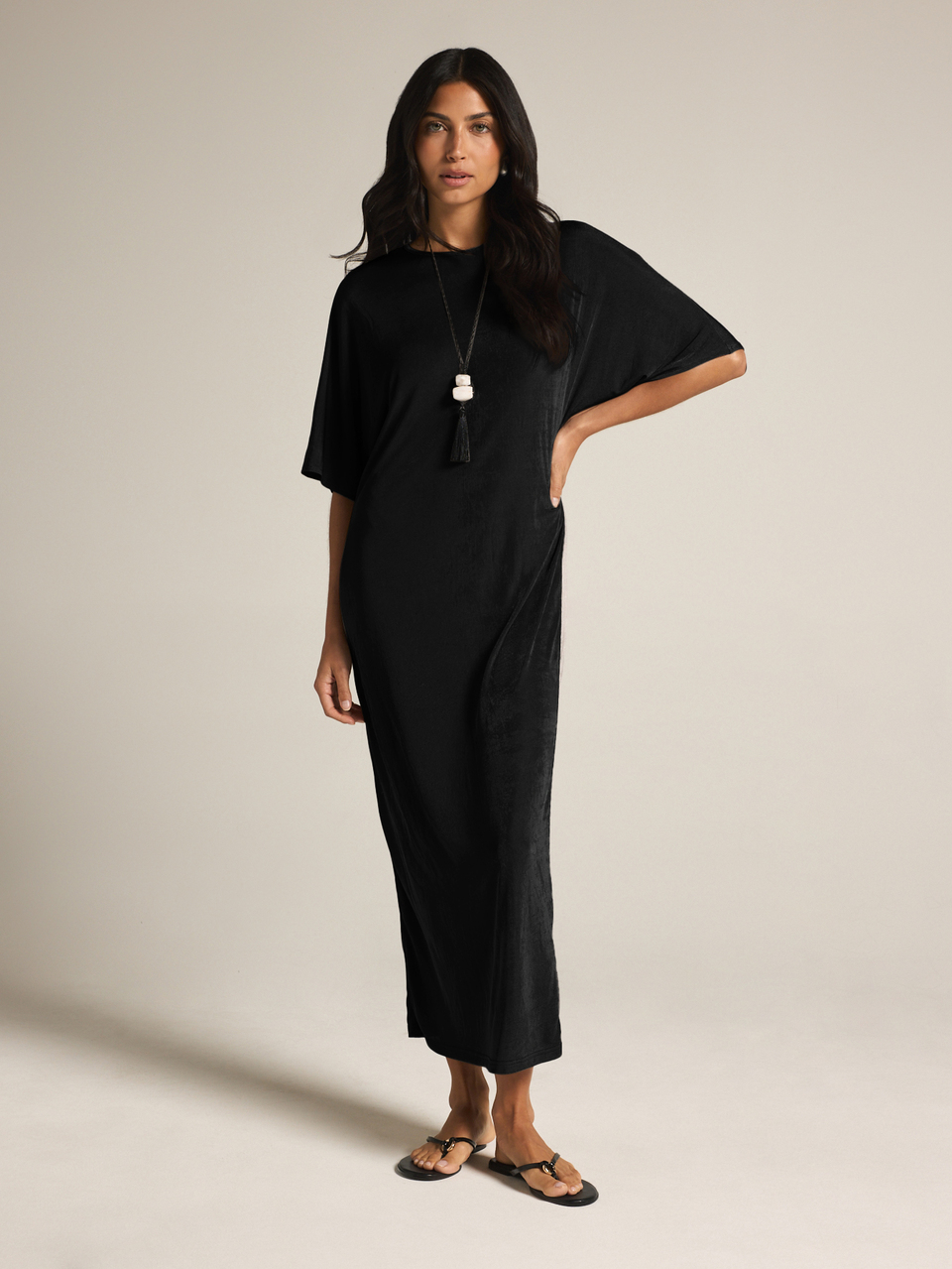 KSTM Relaxed Fit Maxi T-Shirt Dress With Round Neckline And Short Dolman Sleeves - Effortless Everyday Midi Length Casual Dress