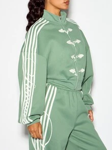 SUMWON WOMEN Oversized Crop Full-Zip Sweatshirt With Chinese Frog Closure Applique And Contrast Stripe Sleeve Detail - Green - View 3