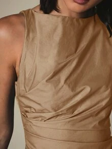 KSTM Sleeveless Ruched Bodice Maxi Dress With Drop Waist Gathered Full Skirt High Neck Elegant Summer Wedding Guest Midi Dress - Brown - View 7
