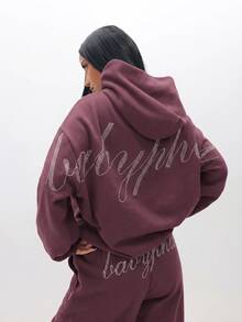 BABYPHAT 寬腿抓絨慢跑長褲，彈性腰頭，水鑽字母 Logo，寬鬆休閒居家長褲 - 酒紅色 - 查看 1