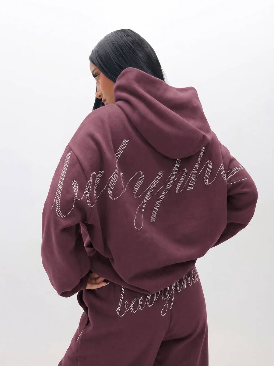 BABYPHAT 寬腿抓絨慢跑長褲,彈性腰頭,水鑽字母 Logo,寬鬆休閒居家長褲 - 酒紅色 - 查看 1