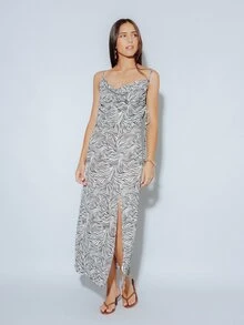 Pimkie Edition Women's Multicolor Long Dress, Zebra Print Cowl Neck Side Slit Hem Casual Spaghetti Strap Dress - Multicolor - View 1