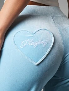 Missguided x Playboy 天鵝絨寬腿喇叭褲，附愛心貼花口袋、抽繩腰頭，休閒居家長褲 - 淺藍色 - 查看 5