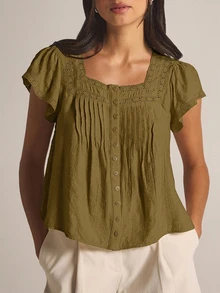 KSTM Square Neck Flutter Sleeve Blouse With Eyelet Trim Pintuck Detail And Button Front Closure Summer Boho Top - Khaki - View 4