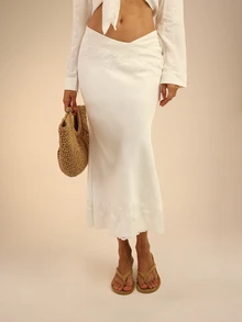 Dancing Leopard White Low-Rise Crossover Lace-Trim Midi Skirt, Holiday/Vacation Beachwear - White - View 4