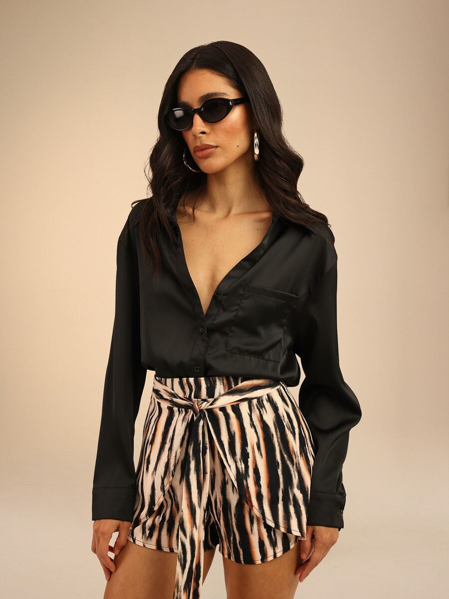 Dancing Leopard Brown Zebra Print Wrap Tie-Front Shorts, Holiday/Vacation Wear - Multicolor - View 1