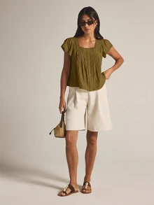KSTM Square Neck Flutter Sleeve Blouse With Eyelet Trim Pintuck Detail And Button Front Closure Summer Boho Top - Khaki - View 3