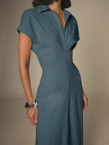 KSTM Collared V-Neck Cap Sleeve Midi Dress - Fitted Waist A-Line Silhouette, Elegant Summer To Fall Transition Style - Blue - View 4