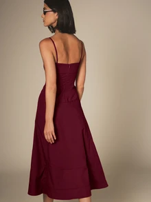 KSTM Square Neck Spaghetti Strap Midi Dress With Tiered A-Line Skirt And Fitted Corset Bodice - Summer Holiday Party Dress - Burgundy - View 2
