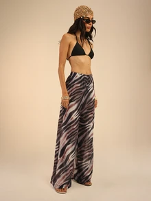 Dancing Leopard Brown Zebra Print Wide Leg Pants, Holiday/Vacation Wear - Brown - View 5