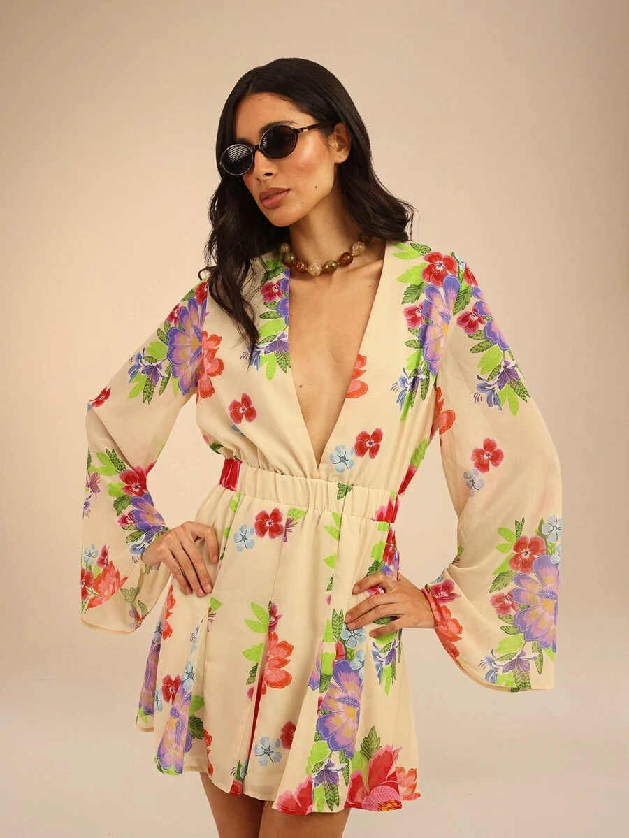 Dancing Leopard Cream Floral Plunge Mini Dress, Holiday/Vacation Wear - Multicolor - View 1