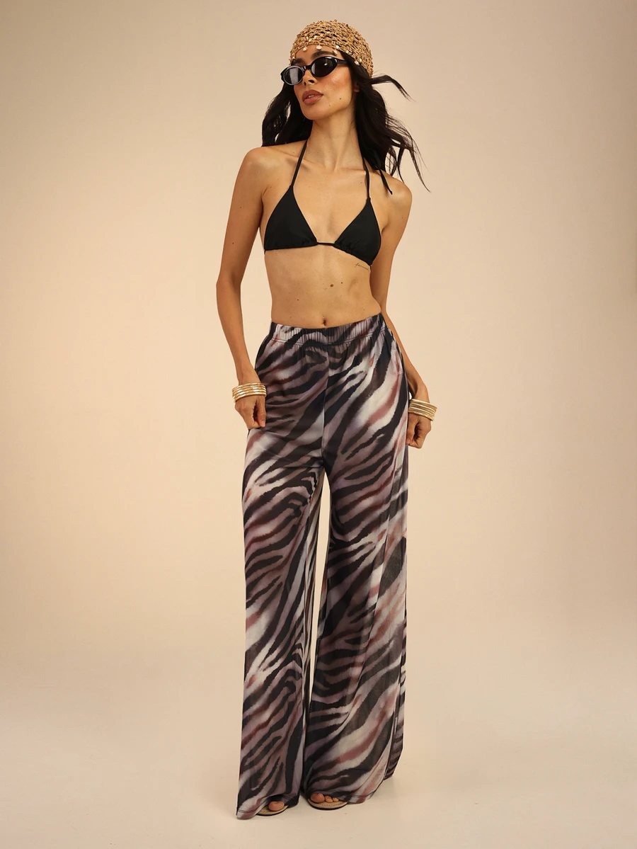 Dancing Leopard Brown Zebra Print Wide Leg Pants, Holiday/Vacation Wear - Brown - View 1