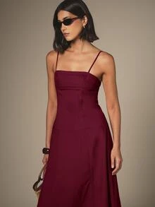 KSTM Square Neck Spaghetti Strap Midi Dress With Tiered A-Line Skirt And Fitted Corset Bodice - Summer Holiday Party Dress - Burgundy - View 5