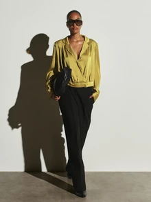 KSTM Satin Wrap Blouse With Deep Plunge Neckline Notch Lapel Collar Pleated Puff Long Sleeves Elasticated Hem Spring Party Top - Green - View 2
