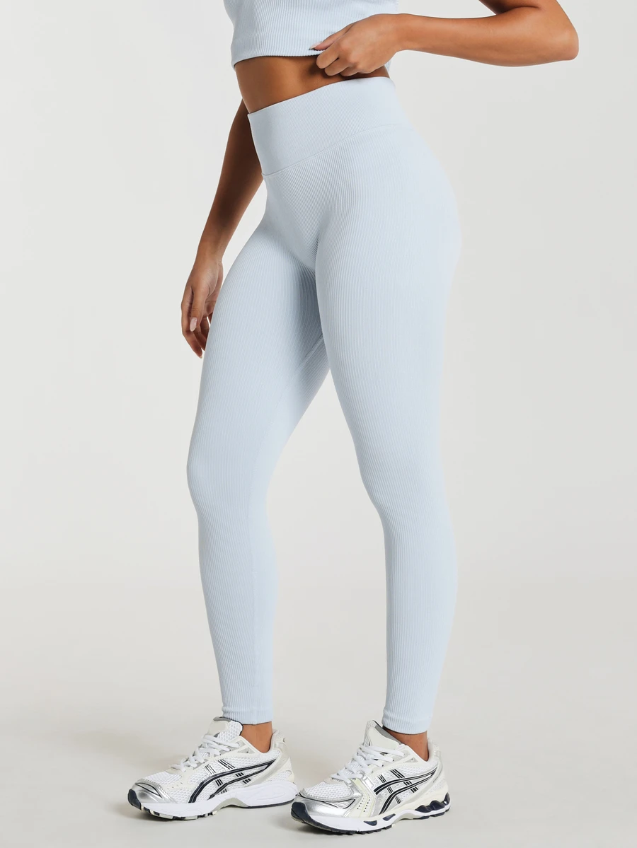 11SKNDS High Rise Ribbed Knit Full Length Leggings With Seamless Waistband Skin Tight Fit Everyday Comfort Style With Sweat-Wicking, Stretchy, Buttery-Soft, Tummy Control, Sculpting Fit & Butt-Lifting, For Gym Workout Fitness Yoga Pilates Studio, Running, Training & Hy-Rox - Baby Blue - View 1