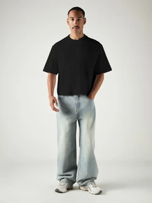 SUMWON 寬鬆方正短版落肩短袖 T-shirt，羅紋圓領，休閒舒適夏季必備上衣 - 黑色 - 查看 3