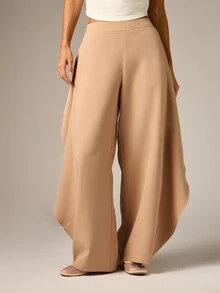 AiiRZ High Rise Palazzo Wide Leg Pants With Dramatic Ruffle Overlay Skirt Panel Asymmetric Flowing Hem Full Length Spring Summer - Brown - View 2