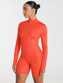 11SKNDS Long Sleeve Zip-Up Fitted Sport Jacket With Stand Collar And Swirl Embossed Texture Perfect For Spring Layering With Sweat-Wicking & Breathable, For Gym Workout Fitness, Running, Training & Hy-Rox - Orange - View 2