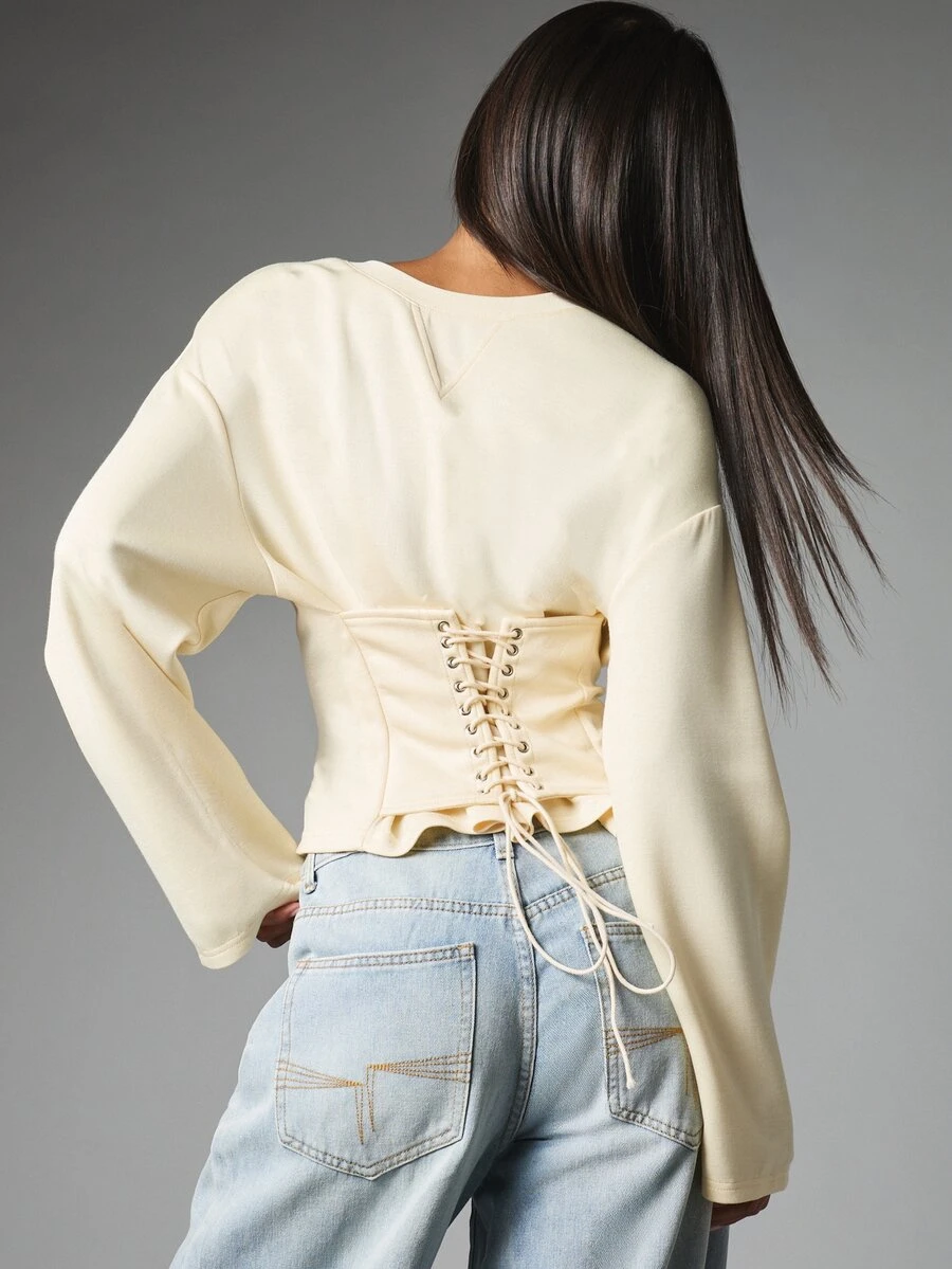 MISSGUIDED Oversized Cream Crop Sweatshirt With Corset Lace-Up Back Detail Long Sleeve Boxy Fit Top Spring Casual Chic Style - Yellow - View 1