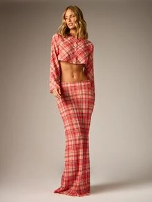 AiiRZ Plaid Co-Ord Set Crop Blouse With Bell Sleeves And Bodycon Maxi Skirt Autumn Winter Two-Piece Outfit - Multicolor - View 4