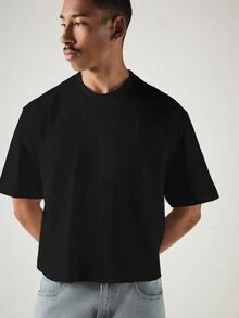 SUMWON 寬鬆方正短版落肩短袖 T-shirt，羅紋圓領，休閒舒適夏季必備上衣 - 黑色 - 查看 5