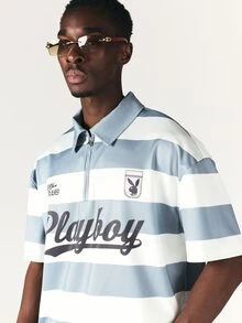 PLAYBOY X SUMWON Club Striped Quarter Zip Polo Shirt With Script Logo Print And Bunny Badge Short Sleeve Oversized Top - Blue - View 4