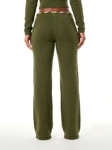SUMWON WOMEN Knit Wide Leg Pants With Cursive Script Logo Print, Low Rise Drawstring Waist, Flare Silhouette, Fall Winter Cozy Loungewear - Army Green - View 2