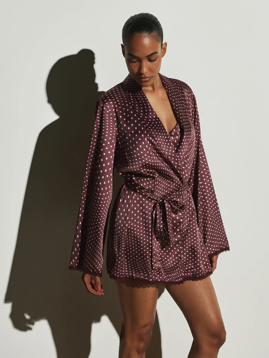 KSTM Satin Polka Dot Wrap Robe Mini Length Long Bell Sleeve Belted Kimono Style Loungewear With Lace Trim Cuffs Holiday Gift - Multicolor - View 1