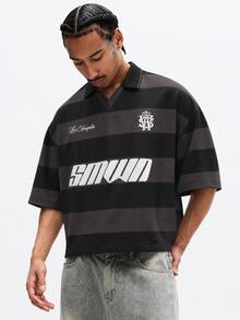 SUMWON Los Angeles Striped Rugby Polo Shirt Oversized Boxy Crop Fit Short Sleeve Collared Top With Monogram Logo Print - Multicolor - View 1