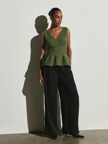 KSTM Olive Peplum Knit Tank Top V-Neck Sleeveless Fitted Waist Ribbed Detail Flared Hem Spring Summer Evening Party Blouse - Green - View 2