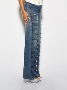 SUMWON WOMEN Wide Flared Denim Jeans With Side Button Detail Low Rise Full Length Washed Blue Vintage Style Boho Festival Pants - Blue - View 3