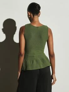 KSTM Olive Peplum Knit Tank Top V-Neck Sleeveless Fitted Waist Ribbed Detail Flared Hem Spring Summer Evening Party Blouse - Green - View 4