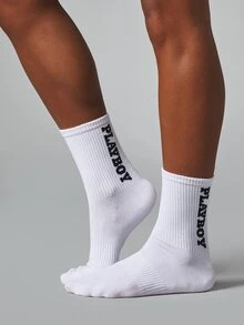 Missguided x Playboy Logo Crew Socks With Bold Vertical Branding Ribbed Cuff Cushioned Sole Everyday Casual Comfort - White Black - View 1