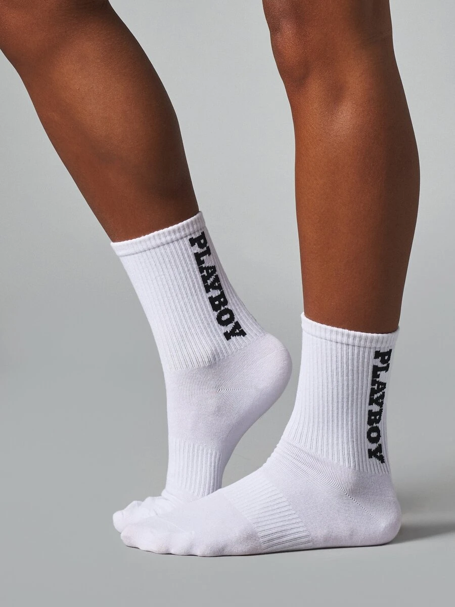 Missguided x Playboy Logo Crew Socks With Bold Vertical Branding Ribbed Cuff Cushioned Sole Everyday Casual Comfort - White Black - View 1