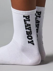 Missguided x Playboy Logo Crew Socks With Bold Vertical Branding Ribbed Cuff Cushioned Sole Everyday Casual Comfort - White Black - View 2