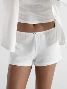 KSTM Pointelle Knit Co-Ord Set Crop Cami Bralette Open Cardigan Mini Shorts Loungewear Sleepwear Pyjama Three Piece Set - White - View 4